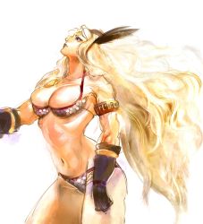 Rule 34 | 1girl, amazon (dragon&#039;s crown), armlet, armor, bikini armor, blonde hair, blue eyes, breasts, circlet, cleavage, clown0248, collarbone, dragon&#039;s crown, feathers, gloves, large breasts, long hair, looking up, muscular, muscular female, navel, profile, simple background, solo, standing, thick thighs, thighs, weapon, white background