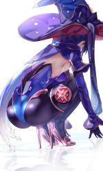 Rule 34 | 1girl, ass, black gloves, black hair, black pantyhose, blue cape, blue hat, blue leotard, bodystocking, breasts, cape, detached sleeves, elbow gloves, fur collar, genshin impact, gloves, gold trim, hat, hat ornament, high heels, highleg, highleg leotard, highres, jewelry, leotard, long hair, medium breasts, mona (genshin impact), pantyhose, pendant, shiny clothes, solo, squatting, thighlet, twintails, uenoryoma, vision (genshin impact), water, witch hat