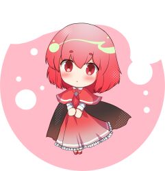 Rule 34 | 1girl, black cape, bow, bowtie, cape, capelet, chibi, commentary, dress, full body, looking at viewer, okazaki yumemi, open mouth, red background, red bow, red bowtie, red capelet, red dress, red eyes, red footwear, red hair, short hair, teruteru12, touhou, touhou (pc-98)