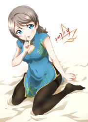 Rule 34 | 10s, absurdres, black pantyhose, blue eyes, blush, breasts, china dress, chinese clothes, cleavage, cleavage cutout, clothing cutout, dated, dress, grey hair, hair between eyes, highres, love live!, love live! school idol festival, love live! sunshine!!, pantyhose, short hair, simple background, sitting, solo, watanabe you, white background