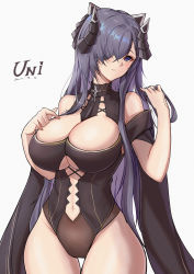 Rule 34 | 1girl, 2021, absurdres, artist name, august von parseval (azur lane), azur lane, bare shoulders, breasts, chinese commentary, cleavage, clothing cutout, cowboy shot, cross, curled horns, grey background, hair over one eye, hand in own hair, highres, horns, iron cross, large breasts, long hair, navel cutout, purple eyes, purple hair, simple background, solo, thigh gap, underboob cutout, unique (pixiv12704744)