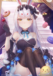 Rule 34 | &gt; o, 1girl, animal ears, azur lane, black bow, black thighhighs, blue flower, blue rose, bow, breasts, center frills, checkerboard cookie, cookie, doughnut, dress, five of spades, flower, food, frilled dress, frills, gloves, hair bow, highres, long hair, looking at viewer, macaron, manjuu (azur lane), official alternate costume, one eye closed, purple dress, purple gloves, rabbit ears, rose, shimakaze (azur lane), shimakaze (the white rabbit of wonderland) (azur lane), sitting, sking, sleeveless, sleeveless dress, small breasts, solo, stairs, thighhighs, very long hair, white hair, yellow eyes
