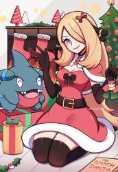 Rule 34 | 1girl, absurdres, black gloves, blonde hair, breasts, capelet, christmas ornaments, christmas stocking, christmas tree, cleavage, creatures (company), cynthia (pokemon), dress, elbow gloves, fire, fireplace, game freak, gen 4 pokemon, gible, gloves, hair over one eye, hands up, highres, lipstick, long hair, looking at viewer, makeup, medium breasts, nintendo, poke ball, pokemon, pokemon dppt, red capelet, santa dress, seiza, sitting, smile, solo, touyarokii, very long hair