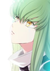 Rule 34 | 1girl, c.c., code geass, creayus, green hair, hair between eyes, long hair, looking up, parted lips, portrait, profile, solo, tears, white background, yellow eyes