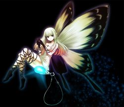 Rule 34 | 1girl, aerie (bravely default), bare shoulders, black gloves, bravely default: flying fairy, bravely default (series), brown hair, dress, fairy, fairy wings, gloves, glowing, highres, jewelry, long hair, own hands together, pendant, pointy ears, short dress, smile, solo, strapless, strapless dress, thigh strap, white dress, white hair, wings, yuunagi (seventh heaven)