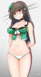 Rule 34 | 1girl, arms behind back, artist name, beret, black choker, black hair, breasts, brown eyes, choker, choukai (kancolle), choukai kai ni (kancolle), cleavage, commentary request, glasses, gradient background, green hat, grey background, hair ornament, hat, head tilt, kantai collection, long hair, looking at viewer, mani oniniku, medium breasts, mini hat, no pants, panties, red eyes, rimless eyewear, solo, underwear, white background, white panties
