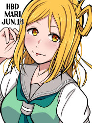 Rule 34 | 1girl, ;p, artist name, artist request, blonde hair, blush, braid, breasts, brown eyes, buttons, collarbone, crown braid, female focus, green eyes, green neckerchief, green sweater, green sweater vest, grey sailor collar, hair rings, highres, looking at viewer, love live!, love live! sunshine!!, medium breasts, neckerchief, ohara mari, one eye closed, parted lips, sailor collar, school uniform, shirt, short hair, short sleeves, smile, solo, sweater, sweater vest, tie clip, tongue, tongue out, upper body, uranohoshi school uniform, white background, white shirt, yellow buttons, yellow eyes