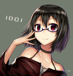 Rule 34 | 1girl, bare shoulders, black hair, choker, dated, gia, glasses, looking at viewer, original, red eyes, semi-rimless eyewear, short hair, signature, simple background, smile, solo, upper body