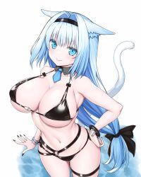 1girl absurdres animal_ears asamura_hiori bare_shoulders bikini black_bikini blue_eyes blush bracelet breasts cat_ears cat_girl cat_tail cleavage detached_collar dobrynya_nikitich_(fate) dobrynya_nikitich_(swimsuit_lancer)_(fate) dobrynya_nikitich_(swimsuit_lancer)_(first_ascension)_(fate) fate/grand_order fate_(series) highres jewelry large_breasts long_hair looking_at_viewer low_ponytail navel necktie revision smile solo swimsuit tail thighs very_long_hair white_hair