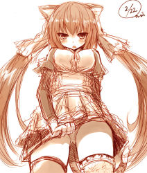 Rule 34 | 1girl, animal ear fluff, animal ears, annoyed, bad id, bad pixiv id, blush, breasts, brown theme, cat ears, from below, frown, large breasts, long hair, looking at viewer, monochrome, nanashin naomi, neko (naomi), open mouth, original, panties, pantyshot, sketch, skirt, skirt tug, solo, thighhighs, twintails, underwear, upskirt, very long hair