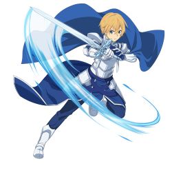 Rule 34 | 1boy, armor, blonde hair, blue eyes, blue pants, blue rose sword, boots, eugeo, faulds, full body, gauntlets, hair between eyes, highres, holding, holding sword, holding weapon, looking at viewer, male focus, official art, pants, parted lips, shoulder armor, solo, pauldrons, sword, sword art online, sword art online: alicization, transparent background, weapon, white footwear