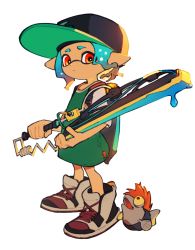 Rule 34 | 1girl, absurdres, baseball cap, blue hair, closed mouth, hat, highres, holding, inari1369, ink tank (splatoon), inkling, inkling girl, inkling player character, jersey, nintendo, paint, pointy ears, red eyes, salmonid, shoes, short hair, simple background, smallfry (splatoon), splatana wiper (splatoon), splatoon (series), splatoon 3, standing, tentacle hair, white background