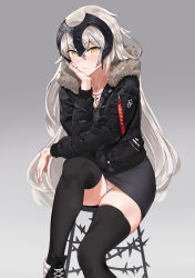 Rule 34 | 1girl, absurdres, black dress, black jacket, black thighhighs, blush, closed mouth, commentary request, cross, cross-laced footwear, cross necklace, dress, fate/grand order, fate (series), fur-trimmed jacket, fur trim, gradient background, head rest, headpiece, highres, jacket, jeanne d&#039;arc (fate), jeanne d&#039;arc alter (avenger) (fate), jeanne d&#039;arc alter (fate), jewelry, long hair, long sleeves, necklace, open clothes, open jacket, panties, pantyshot, shoes, short dress, silver hair, simple background, sitting, sneakers, solo, ssamjang (misosan), thighhighs, underwear, very long hair, white panties, yellow eyes