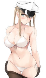 Rule 34 | 1girl, black gloves, blonde hair, blue eyes, blush, breasts, cleavage, clothes pull, collarbone, cowboy shot, gloves, graf zeppelin (kancolle), hat, kantai collection, large breasts, looking at viewer, navel, panties, pantyhose, pantyhose pull, peaked cap, side-tie panties, sidelocks, simple background, skindentation, solo, standing, twintails, underwear, upper body, white background, zekkyon