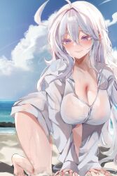 Rule 34 | 1girl, absurdres, ahoge, all fours, antenna hair, beach, blue sky, blush, breasts, cleavage, closed mouth, cloud, collarbone, commentary request, day, dolechan, dress shirt, hair between eyes, highres, large breasts, long hair, looking at viewer, naked shirt, ocean, original, outdoors, purple eyes, shirt, sidelocks, sky, smile, solo, sweat, variant set, white hair, white shirt
