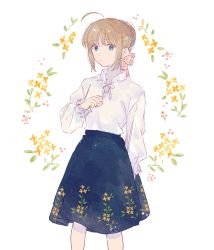 Rule 34 | 1girl, ahoge, alternate costume, artoria pendragon (all), artoria pendragon (fate), blonde hair, blue eyes, blue skirt, braid, facing viewer, fate/stay night, fate (series), floral background, floral print, flower, french braid, hair ribbon, hand on own chest, highres, long sleeves, machi (uqyjee), ribbon, saber (fate), shirt, skirt, solo, white background, white shirt, yellow flower