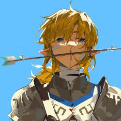 Rule 34 | 1boy, aimitkkays, armor, arrow (projectile), blonde hair, blood, blue background, blue eyes, blue theme, commentary request, green background, hair between eyes, highres, link, long hair, male focus, medium hair, nintendo, nosebleed, official alternate costume, pointy ears, shoulder plates, simple background, solo, the legend of zelda, tunic, upper body
