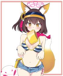 Rule 34 | 1girl, :3, animal ears, ball, beachball, bikini, black hair, blue archive, breasts, cleavage, commentary request, eyeshadow, fox ears, fox girl, fox tail, hair between eyes, hair ornament, halo, izuna (blue archive), looking at viewer, makeup, medium breasts, medium hair, mouth hold, navel, official alternate costume, one side up, package, paw pose, redcrown (pixiv 36240113), short shorts, shorts, sidelocks, simple background, sleeveless, smile, solo, spaghetti strap, stomach, striped bikini, striped clothes, swimsuit, tail, visor cap, white background, yellow eyes