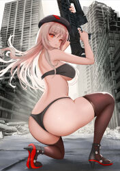 Rule 34 | 1girl, absurdres, ass, assault rifle, backlighting, beret, black bra, black footwear, black panties, bra, breasts, brown thighhighs, city, closed mouth, commentary request, expressionless, floating hair, from behind, full body, gibun (sozoshu), gloves, goddess of victory: nikke, gun, hat, high heels, highres, holding, holding gun, holding weapon, large breasts, looking at viewer, looking back, military, on one knee, outdoors, panties, pink hair, pouch, rapi (nikke), red eyes, revision, rifle, ruins, skindentation, solo, thighhighs, thighs, thong, trigger discipline, underwear, underwear only, uniform, weapon