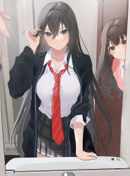 Rule 34 | 2girls, black hair, black jacket, blush, breasts, brown eyes, closed mouth, collared shirt, commentary request, diagonal-striped clothes, diagonal-striped necktie, female pov, grey skirt, hair between eyes, hair ornament, hairclip, hamu (plot sy), hand up, highres, indoors, jacket, large breasts, looking at viewer, mirror, multiple girls, necktie, open clothes, open jacket, original, peeking out, pink jacket, plaid, plaid skirt, pleated skirt, pov, red necktie, reflection, sasagawa ayano, school uniform, shirt, siblings, sisters, skirt, smile, solo focus, striped clothes, sweat, v-shaped eyebrows, white shirt