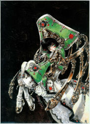 Rule 34 | 00s, 1girl, black background, full body, high heels, highres, long sleeves, machinery, official art, pantyhose, scan, seth nightroad, shibamoto thores, simple background, solo, trinity blood, white pantyhose