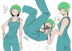 Rule 34 | 1girl, :/, aiming, blue overalls, closed mouth, cup, disposable cup, drinking, drinking straw, drinking straw in mouth, foo fighters (jojo), green hair, grey eyes, gun, highres, holding, holding cup, holding gun, holding weapon, jojo no kimyou na bouken, lipstick, looking at viewer, makeup, multiple views, overalls, parted lips, short hair, sparrowl, stone ocean, weapon, white background, wristband, yellow lips