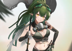 Rule 34 | 1girl, arknights, beruko14, blurry, blurry background, blush, elbow gloves, fingerless gloves, gavial (arknights), gloves, goggles, goggles on head, green gloves, green hair, hand on own hip, highres, long hair, navel, parted lips, pointy ears, ponytail, smile, solo, weapon, yellow eyes