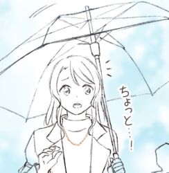 Rule 34 | 1girl, 2girls, bang dream!, commentary request, greyscale, hikawa sayo, holding, holding umbrella, long hair, monochrome, multiple girls, open mouth, translation request, umbrella, unfinished, xin (blueramen)