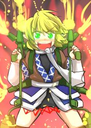 Rule 34 | 1girl, blonde hair, flamethrower, gaoo (frpjx283), glowing, glowing eyes, green eyes, gun, highres, japanese clothes, jealous, machine gun, mizuhashi parsee, open mouth, pointy ears, solo, touhou, valentine, weapon