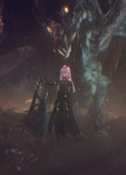 Rule 34 | 1girl, absurdres, alternate costume, bare shoulders, black dress, black gloves, black thighhighs, blunt bangs, commentary, dragon, dress, elbow gloves, full body, gloves, highres, holding, holding weapon, hololive, hololive english, huge weapon, long hair, monster hunter (series), mori calliope, outdoors, overskirt, pelvic curtain, pink eyes, pink hair, solo, straight hair, taku artworks, thighhighs, tiara, virtual youtuber, weapon