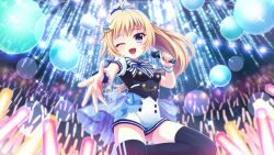 Rule 34 | 1girl, audience, black thighhighs, black vest, blue eyes, blue scrunchie, blue skirt, bow, bracelet, breasts, concert, crowd, dot nose, film grain, from below, game cg, glowstick, hair ornament, hair scrunchie, high ponytail, holding, holding microphone, idol, idol clothes, itsumura haruka, izumi tsubasu, jewelry, lens flare, looking at viewer, microphone, non-web source, official art, one eye closed, open mouth, orb, pearl bracelet, re:stage!, reaching, reaching towards viewer, scrunchie, see-through, see-through skirt, showgirl skirt, skirt, small breasts, smile, solo, sparkle, standing, standing on one leg, striped, striped bow, thighhighs, two-tone scrunchie, vest, white scrunchie, white wristband, wrist scrunchie