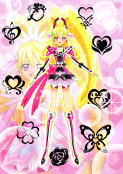 Rule 34 | 1girl, aida mana, belt, blonde hair, boots, cure heart, dokidoki! precure, kamen rider, kamen rider dcd, long hair, looking at viewer, luna rune, open mouth, pink eyes, ponytail, precure, precure all stars, solo, sparkle, very long hair, zoom layer