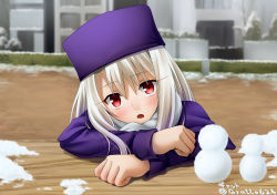 Rule 34 | 1girl, blurry, blurry background, blush, coat, day, fate/stay night, fate (series), fur hat, gyatto624, hair between eyes, hat, head tilt, highres, illyasviel von einzbern, long hair, long sleeves, looking at viewer, open mouth, outdoors, papakha, portrait, purple coat, purple hat, red eyes, silver hair, snow, snowman, solo, twitter username