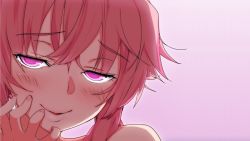 Rule 34 | 1girl, bare shoulders, blush, close-up, eyebrows, fingernails, fingers to cheeks, gasai yuno, gradient background, head only, head tilt, highres, kaisen chuui, lips, looking at viewer, mirai nikki, parted lips, pink eyes, pink hair, smile, solo