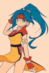 Rule 34 | 1girl, arm up, bakuten shoot beyblade, beyblade, blue hair, breasts, closed mouth, dress, earrings, fingerless gloves, gloves, green eyes, headband, highres, jewelry, long hair, looking at viewer, mariam, medium breasts, ponytail, solo, upper body