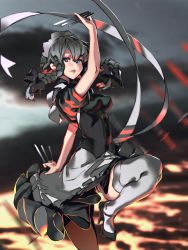 Rule 34 | 1girl, apron, between fingers, black footwear, blue eyes, braid, breasts, dual wielding, floating, flying, grey thighhighs, high heels, highres, holding, holding weapon, izayoi sakuya, knife, leg up, maid, maid headdress, medium breasts, oxykoma, ribbon, side braids, silver hair, solo, thighhighs, throwing knife, touhou, twin braids, weapon