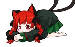 Rule 34 | 1girl, animal ears, bare legs, barefoot, black ribbon, blush, braid, cat ears, cat tail, commentary request, covered mouth, dress, extra ears, eyebrows hidden by hair, green dress, hair ribbon, jakomurashi, kaenbyou rin, looking at viewer, multiple tails, nekomata, one-hour drawing challenge, partial commentary, red eyes, red hair, ribbon, simple background, solo, tail, top-down bottom-up, touhou, tress ribbon, twin braids, two tails, white background