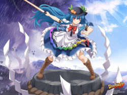 Rule 34 | 1girl, apron, black hat, blue hair, blush, boots, bow, bowtie, brown footwear, cloud, cloudy sky, cross-laced footwear, danmaku!!, dark clouds, day, food, frills, fruit, greeze18, hat, highres, hinanawi tenshi, keystone, knee boots, lace-up boots, leaf, long hair, looking at viewer, mountain, outdoors, peach, puffy short sleeves, puffy sleeves, rain, rainbow gradient, rainbow order, red bow, red eyes, shirt, shoes, short sleeves, skirt, skirt set, sky, solo, sword of hisou, touhou, very long hair, wanaca, watermark, white shirt
