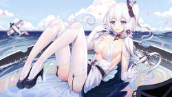 Rule 34 | 1girl, :d, aircraft, airplane, azur lane, biplane, black footwear, blue eyes, blue sky, blush, breasts, cloud, collarbone, commentary request, day, dress, elbow gloves, fairey swordfish, flower, flying, garter straps, gloves, hair flower, hair ornament, hand up, high heels, horizon, illustrious (azur lane), large breasts, long hair, looking at viewer, mole, mole under eye, ocean, one side up, open mouth, outdoors, petals, purple flower, ririko (zhuoyandesailaer), shoes, sidelocks, silver hair, sky, smile, solo, strapless, strapless dress, thighhighs, very long hair, water, white dress, white gloves, white thighhighs