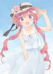 Rule 34 | 1girl, :d, arm up, bare arms, bare shoulders, blue sky, blush, brown hair, brown hat, collarbone, commentary request, day, dress, flower, hair between eyes, hand on headwear, hat, hat flower, hazuki watora, kani biimu, long hair, open mouth, original, outdoors, pink flower, purple eyes, ringlets, see-through silhouette, sky, sleeveless, sleeveless dress, smile, solo, tan, tanline, twintails, very long hair, white dress