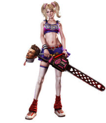 Rule 34 | 1boy, 1girl, 3d, belt, blonde hair, brown hair, chainsaw, cheerleader, clothes writing, couple, crop top, grasshopper manufacture, juliet starling, leg warmers, lollipop chainsaw, long hair, loose socks, lowres, midriff, miniskirt, navel, necktie, nick carlyle, official art, one eye closed, scrunchie, severed head, shoes, short hair, skirt, smile, sneakers, socks, solo, thighhighs, twintails, watch, white socks, wink, wristband, wristwatch