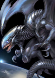 Rule 34 | absurdres, blue-eyes white dragon, blue eyes, claws, dragon, earth (planet), flying, highres, no humans, open mouth, planet, scales, sharp teeth, space, teeth, witnesstheabsurd, yu-gi-oh!