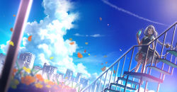 Rule 34 | 1girl, :o, bendy straw, black dress, blue eyes, blue sky, blurry, blurry foreground, bottle, braid, breasts, cityscape, cloud, collared dress, commentary request, day, depth of field, dress, drinking straw, flower, hair ornament, hand up, holding, holding bottle, kizuna akari, long hair, looking away, looking to the side, low twintails, orange flower, outdoors, parted lips, puffy short sleeves, puffy sleeves, scenery, short sleeves, silver hair, sky, small breasts, solo, stairs, suishougensou, twin braids, twintails, very long hair, vocaloid, yellow flower
