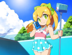 Rule 34 | 1girl, blonde hair, blue skirt, bow, can, casual one-piece swimsuit, cleaning brush, cloud, drink can, empty pool, green eyes, hair bow, kaidou zx, long hair, mega man (classic), mega man (series), one-piece swimsuit, outdoors, ponytail, pool, ribbon, roll (mega man), skirt, sky, smile, soda can, solo, striped clothes, striped one-piece swimsuit, swimsuit, swimsuit skirt, two-tone swimsuit