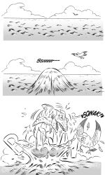 Rule 34 | animal focus, bird, bulge, bulging eyes, cloud, comic, crossed out, dragon ball, empty eyes, falling feathers, feathers, fins, fish tail, funsexydb, greyscale, highres, monochrome, no humans, ocean, sea monster, seagull, sharp teeth, sound effects, surprised, tail, teeth