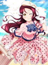 Rule 34 | 1girl, birthday, blush, breasts, briefcase, cloud, cloudy sky, commentary, gloves, hat, highres, holding, holding briefcase, kougi hiroshi, long hair, looking at viewer, love live!, love live! sunshine!!, one eye closed, pink shirt, pink skirt, polka dot, polka dot skirt, sakurauchi riko, shirt, skirt, sky, small breasts, smile, solo, white gloves, yellow eyes