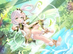 Rule 34 | 1girl, :d, anklet, bracelet, chage (chage 00), detached sleeves, dress, floating hair, full body, genshin impact, gradient hair, green eyes, green hair, green sleeves, hair between eyes, highres, jewelry, long hair, looking at viewer, multicolored hair, nahida (genshin impact), open mouth, pointy ears, ponytail, short dress, short sleeves, sleeveless, sleeveless dress, smile, solo, symbol-shaped pupils, white dress, white hair