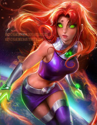 Rule 34 | 1girl, aura, bare shoulders, boots, breasts, colored sclera, dc comics, earth (planet), fiery hair, flaming hair, flying, glowing, glowing eyes, gorget, green eyes, green sclera, large breasts, long hair, midriff, miniskirt, planet, purple footwear, purple thighhighs, red hair, sakimichan, skirt, sleeveless, solo, space, star (sky), starfire, teen titans, thigh boots, thighhighs, watermark