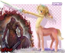 Rule 34 | 1boy, blonde hair, blue eyes, blush stickers, centaur, character request, child, copyright request, holding, holding sword, holding weapon, male focus, manly, medium hair, navel, pointy ears, smile, solo, sword, taur, tsukushi akihito, weapon