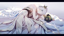 Rule 34 | 1girl, absurdres, anastasia (fate), bare shoulders, blue cloak, blue eyes, breasts, brown hairband, cape, choker, cloak, colored eyelashes, crown, doll, dress, fate/grand order, fate (series), frilled dress, frills, gold trim, hair between eyes, hair ornament, hair over one eye, hairband, highres, indoors, jnsi (xmcz7554), letterboxed, long hair, lying, mini crown, pale skin, parted lips, royal robe, serious, silver hair, small breasts, solo, very long hair, viy (fate), white cape, white dress, winter clothes, yellow hairband